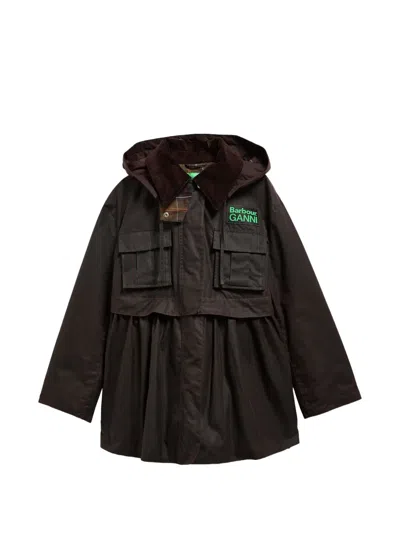 Ganni Corduroy-collar Hooded Coat In Brown
