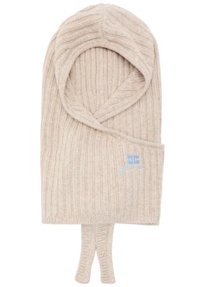 Ganni Core Future Logo-embroidered Wool-blend Balaclava In Neutral