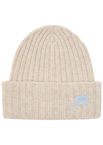 Ganni Core Future Logo-embroidered Wool-blend Beanie In Neutral
