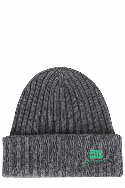 Ganni Core Future Wool Knit Beannie In Gray