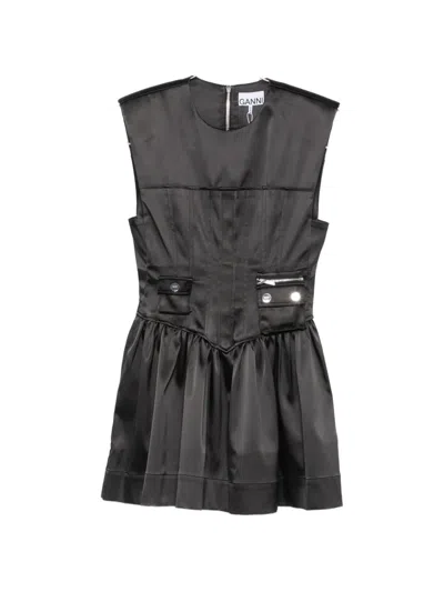Ganni Satin Mini Dress Corset Bodice Cargo Pockets In Black