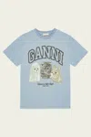 Ganni Light Blue Crewneck T-shirt With Maxi Logo On The Front In Blue