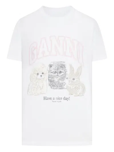 Ganni Animal Print Graphic Tee In White