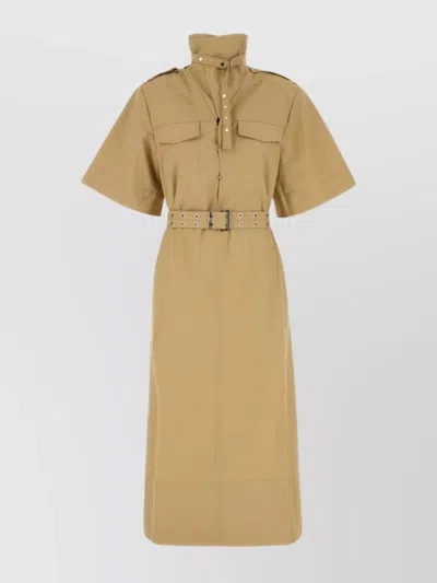Ganni Cotton Blend Dress Featuring Belted Waist In Nude