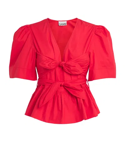 Ganni Cotton Bow-detail Blouse In Red