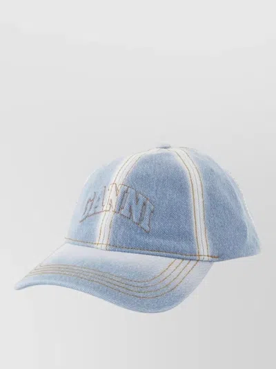 Ganni Cotton Cap Contrast Stitching Curved Brim In Blue