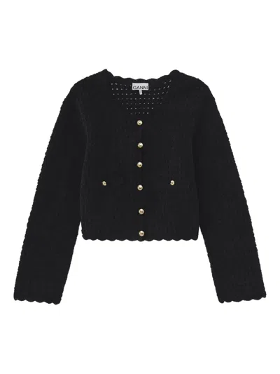 Ganni Cotton Chenille  Cardigan In Black