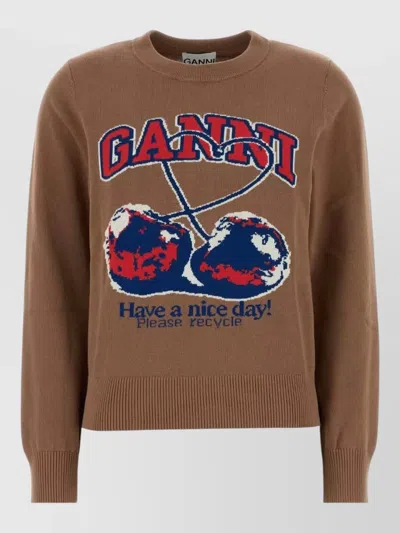 Ganni Cotton Crew Neck Graphic Knit Sweater In Brown