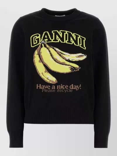 Ganni Cotton Crew Neck Sweater Graphic Print In Black