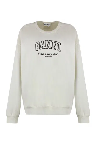 Ganni Cotton Crew-neck Sweatshirt In Beige