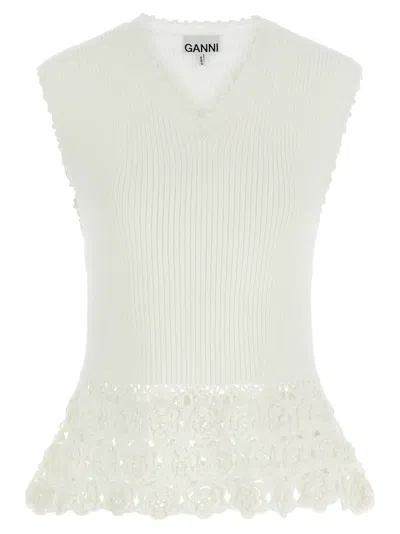 Ganni Crochet Cotton Vest Sleeveless V Neckline In White