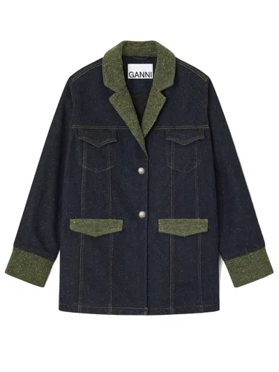 Ganni Cotton Denim Blazer In Gray