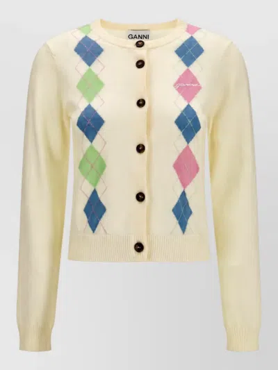 Ganni Cotton Diamond-pattern Long-sleeve Cardigan In Neutral