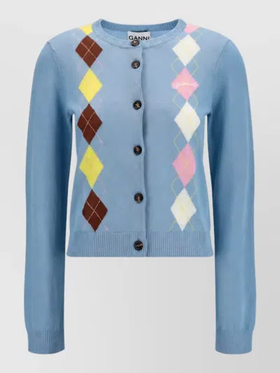 Ganni Cotton Diamond-pattern Ribbed Cardigan In Blue