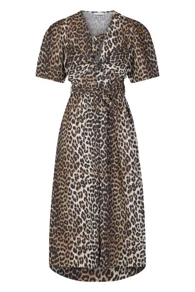 Ganni Cotton Dress With Leopard Print In Animal Print