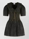 Ganni Cotton Dress With Puff Sleeves And Ruffled Collar In Green