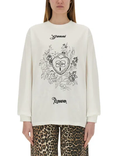 GANNI GANNI COTTON EMBROIDERED T SHIRT