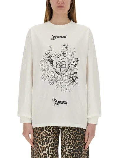 GANNI COTTON EMBROIDERED T-SHIRT