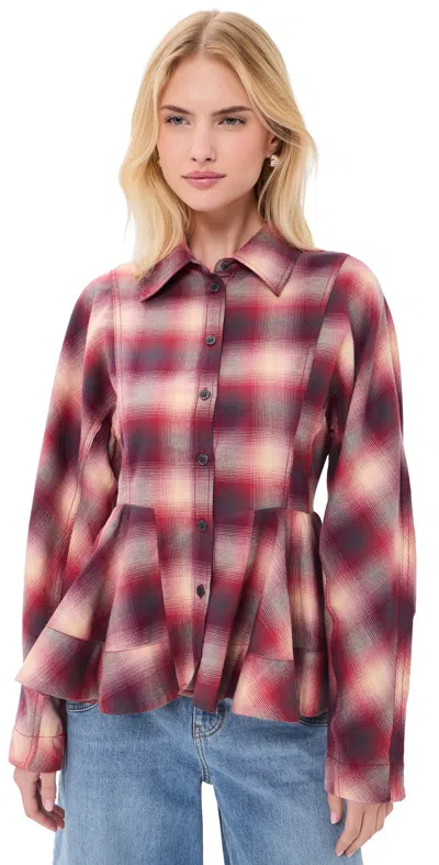 Ganni Cotton Flannel Check Peplum Shirt Raspberry Wine In Multi