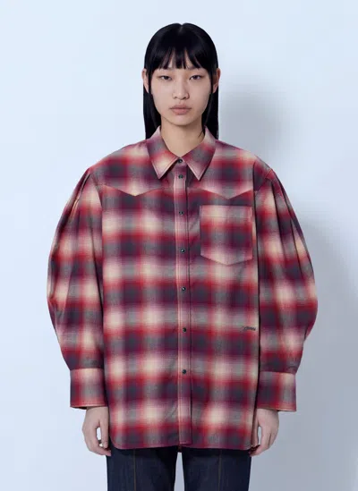Ganni Cotton Flannel Check Pleated Sleeve Shirt In Brown