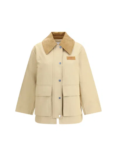 Ganni Cotton Jacket With Corduroy Collar In Neutral