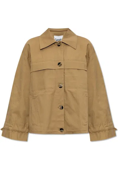 Ganni Cotton Jacket With Logo In Beige