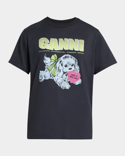 Ganni Cotton-jersey Crewneck Logo Tee In Multi