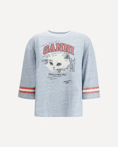 Ganni Print Striped Sleeve T-shirt In Blue