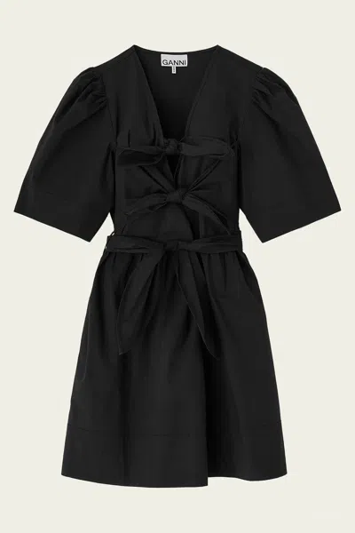 Ganni Belted Bow-embellished Stretch-cotton Poplin Midi Dress In Black
