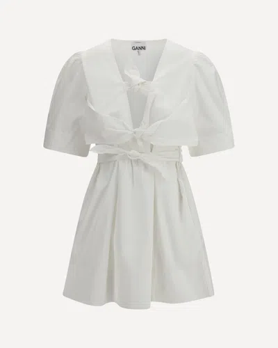Ganni Cotton Mini Dress With A Deep V-neckline And Three Front Tie Bands In White