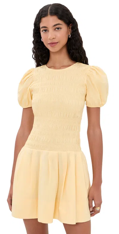 Ganni Cotton Mini Smocked Pleated Dress Italian Straw In Yellow