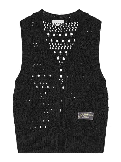 Ganni Cotton Mix Tie String Vest In Black