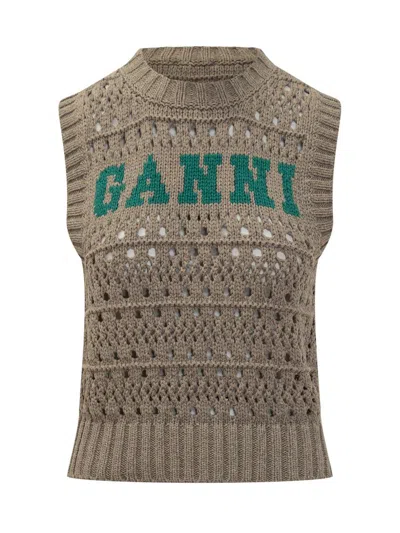 Ganni Perforated Vest With Logo Inlay In Green