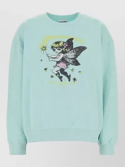 Ganni Cotton Oversized Sweatshirt Crew Neck Print In Green