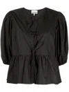 Ganni Cotton Peplum Top With Bow And Flounces In Black
