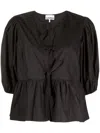 Ganni Cotton Peplum Top With Bow And Flounces In Black