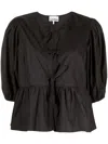 Ganni Cotton Peplum Top With Bow And Flounces In Black
