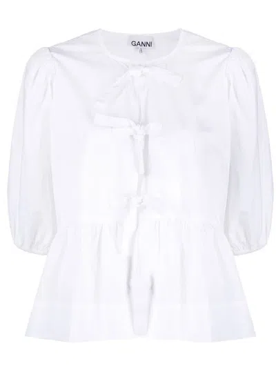 Ganni Crewneck Cotton Peplum Top Flounces In White