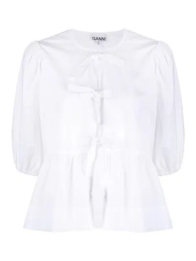 Ganni Womens Bright White Tie Strap Puffed-sleeves Stretch-cotton Blouse