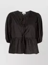 Ganni Cotton Peplum Top With Bow And Flounces In Black