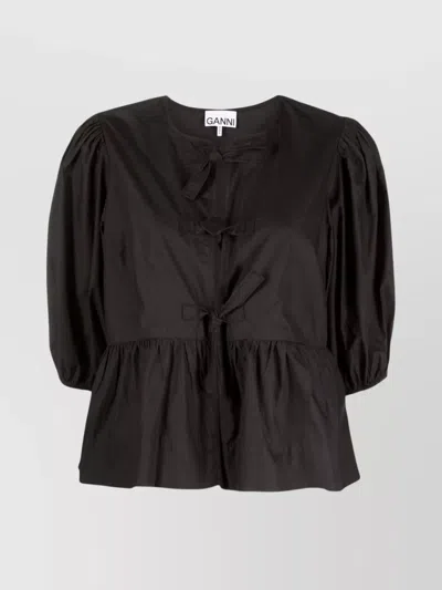 Ganni Cotton Peplum Top With Bow And Flounces In Black