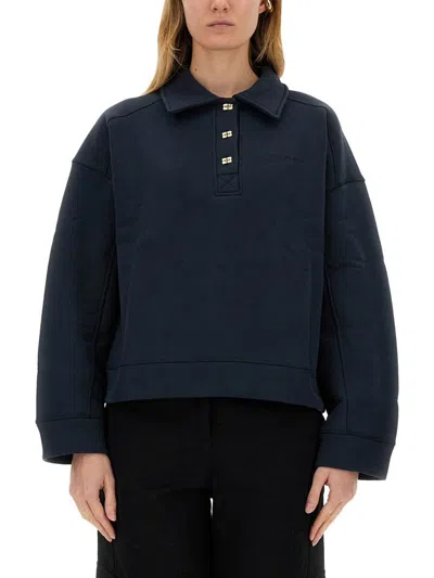 Ganni Cropped Black Polo Sweatshirt In Blue