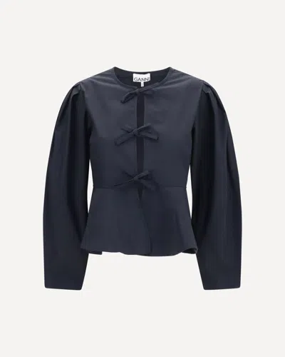 Ganni Cotton Poplin Blouse With Bows In Black