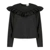 Ganni Long Sleeve Frill Cotton Blouse In Black