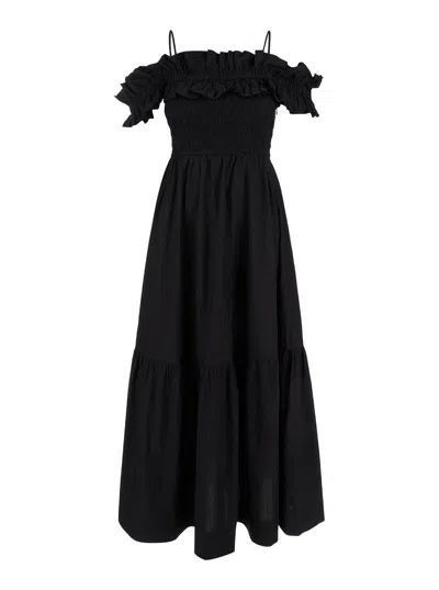 Ganni Cotton Poplin Long Smock Dress In Black