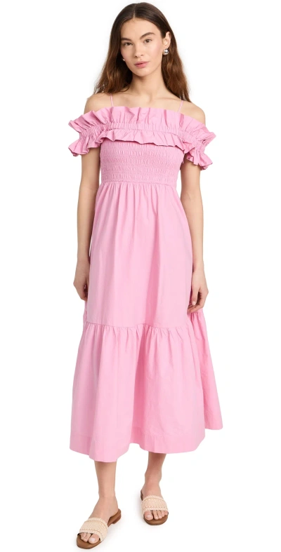 Ganni Cold-shoulder Shirred Cotton-poplin Midi Dress In Pink