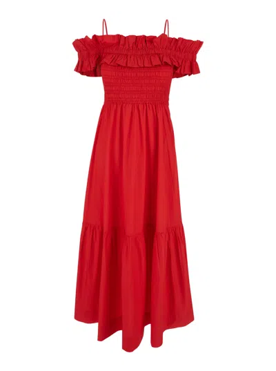 Ganni Cotton Poplin Long Smock Dress In Red