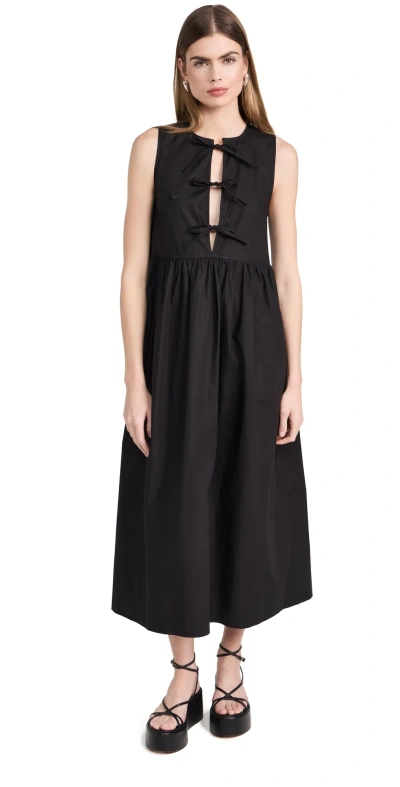 Ganni Tie String Poplin Dress In Black