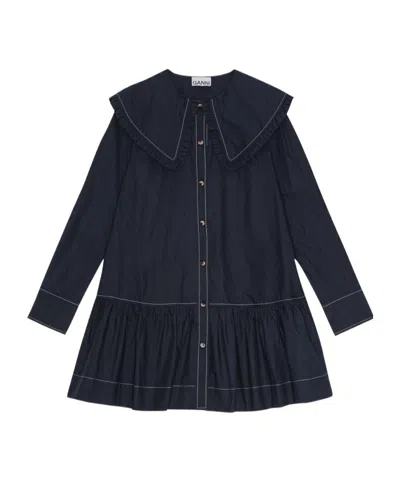 Ganni Dark Blue Mini Shirt Dress In Black
