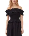 Ganni Off-the-shoulder Shirred Cotton-poplin Top In Black